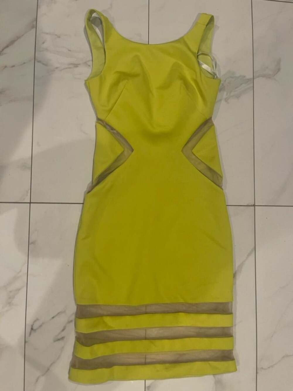 Terani Couture Yellow Cutout Mesh Panel Cocktail Dress